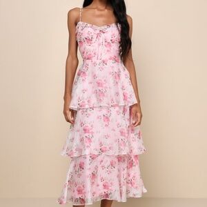 Lulus Immaculate Cutie Light Pink Floral Sleeveless Tiered Midi Dress - Size XXL